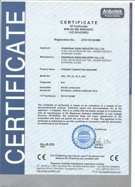 Chine Shanghai Gieni Industry Co.,Ltd Certifications